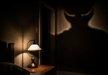 Dramatic scene showing a large, menacing devil shadow projected onto a wall in a dimly lit bedroom, symbolizing fear, horror, and evil presence.の素材