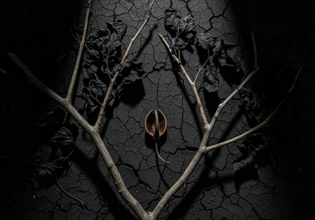 A dramatic, low key still life featuring dry, gnarled branches and dark, withered leaves symmetrically framing a split seed pod. this moody image evokes themes of decay, drought, and nature cycle.の素材
