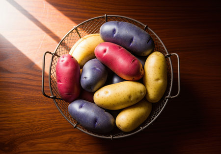 Colorful raw heirloom potatoes, featuring red, blue, and yellow varieties, are presented in a wire basket on a dark wood table, highlighted by dramatic sunlight.の素材