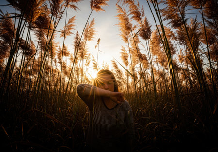A dramatic, low angle shot of a young woman standing in a dense field of tall golden reeds during sunset. she covers her face, partially silhouetted against the bright sun flare.の素材