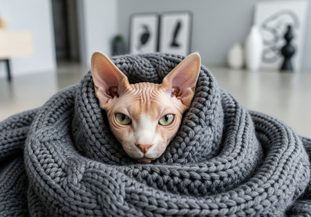 A unique hairless sphynx cat with large ears and striking green eyes is wrapped tightly in a chunky, dark gray knitted blanket, conveying warmth and comfort.の素材