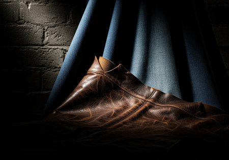 A dramatic, low key still life showcasing the rich texture of distressed brown leather fabric contrasted against dark blue rugged denim. ideal for fashion, vintage, or textile themes.の素材