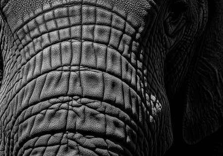 A dramatic black and white close up highlighting the rough, leathery texture and deep, natural folds of an african elephant skin. this abstract detail shot emphasizes ruggedness.の素材