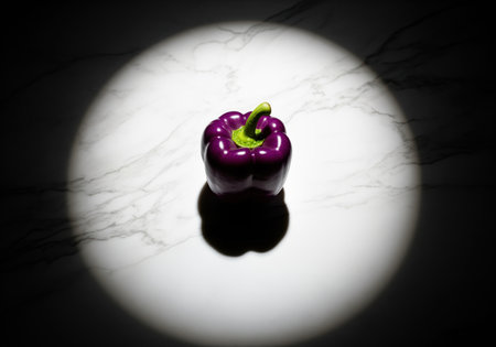 A single, flawless, deep purple bell pepper is dramatically illuminated by a circular spotlight on a white marble surface, creating a high contrast, moody effect.の素材