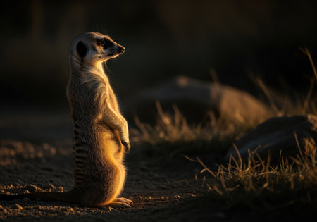 A single meerkat stands upright, acting as a sentinel, illuminated by the warm, golden glow of the setting sun. this dramatic wildlife portrait captures the animal vigilance.の素材
