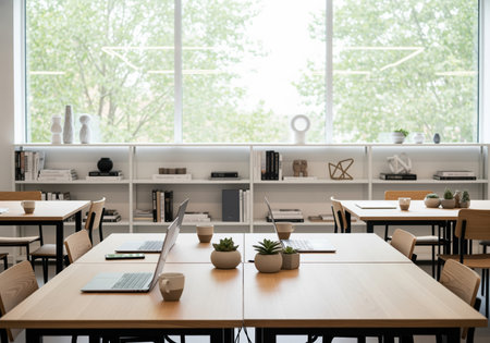 View of a bright, modern, open plan collaborative workspace featuring light wood shared tables, laptops, and minimalist decor near a large window.の素材