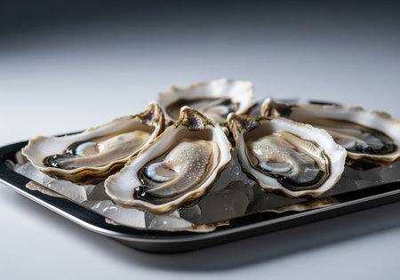 Fresh raw oysters, shucked and glistening, arranged on a bed of crushed ice on a dark metal serving tray. high quality studio shot emphasizing luxury, gourmet dining, and fresh seafood.の素材