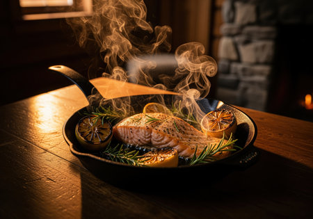 Sizzling salmon fillet served in a rustic cast iron skillet, garnished with fresh rosemary and charred lemon halves, emitting hot steam. dramatic lighting highlights the gourmet preparation and cozy, rustic dining atmosphere.の素材