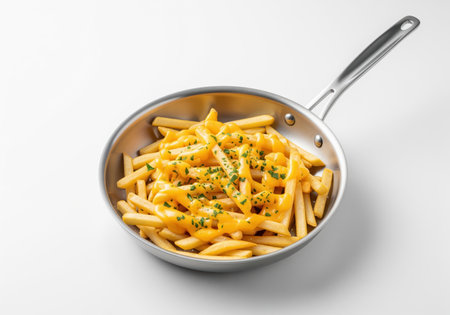 Golden french fries generously covered in rich, melted cheese sauce and sprinkled with fresh parsley, presented in a small stainless steel skillet on a white background.の素材