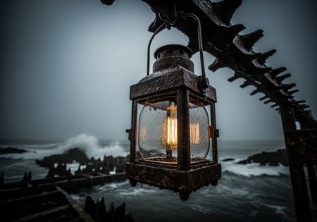 Rusted iron lantern featuring a glowing edison filament bulb, hanging precariously over a dark, turbulent ocean. raindrops cover the glass, emphasizing the dramatic and stormy coastal atmosphere. nautical, vintage concept.の素材