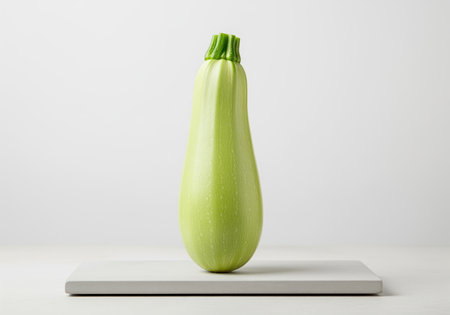 Fresh, pristine light green zucchini squash standing vertically on a minimal gray platform. studio shot emphasizing healthy eating, cooking, and fresh vegetable concepts.の素材