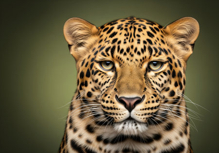 Leopard headshot featuring detailed golden fur and striking rosette spots against a dark green studio background. intense gaze of the powerful wild cat.の素材