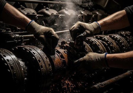 Close up of workers hands in protective gloves fixing complex, rusty industrial machinery. sparks fly in the dark, gritty environment, symbolizing hard labor.の素材