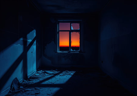 Dark, derelict interior of an abandoned building featuring a broken window. the shattered pane frames a vivid, fiery sunset sky, symbolizing decay, ruin, and hope.の素材