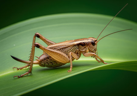 Brown field cricket insect captured in a high resolution macro photograph, resting on a smooth, vibrant green leaf in a natural environment. detailed view of the legs, antennae, and textured body.の素材
