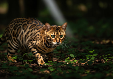 Powerful bengal cat with distinctive rosette fur pattern crouching low, focused and stalking through the dark forest undergrowth. intense green eyes and muscular build.の素材