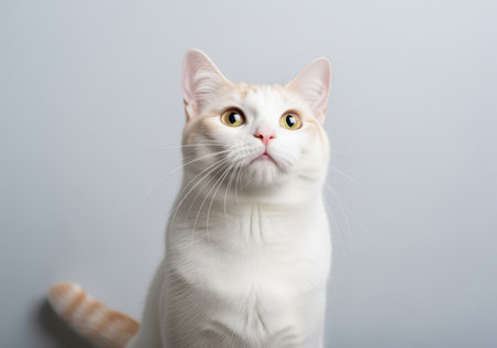 White domestic cat with light peach markings and yellow eyes sitting attentively in a professional studio environment. focus on pet, feline, and animal themes.の素材