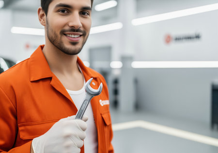 Young male mechanic wearing an orange uniform and white gloves, holding a wrench and smiling confidently in a clean, modern automotive repair shop.の素材