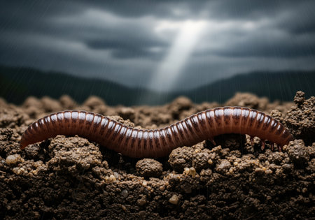 Robust segmented worm crawling on rich, dark soil in a dramatic low angle macro shot. stormy sky background with a powerful sunbeam breaking through, symbolizing ecology, survival, and life.の素材