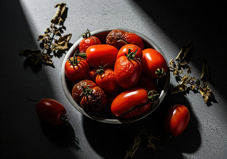 Bruised and decaying red tomatoes clustered in a metal bowl, dramatically lit on a dark, textured surface, symbolizing food waste and spoilage.の素材