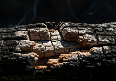 Charred wood log texture featuring deep cracks, black charcoal, and exposed grain, with faint smoke rising against a dark background. symbolizes destruction and heat.の素材