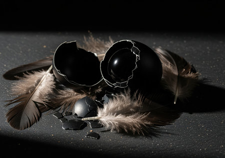 Cracked black egg shell broken into pieces, revealing a smooth, dark sphere inside, resting among soft, dark feathers on a textured surface. dramatic low key lighting emphasizes the mystery and concept of rebirth or darkness.の素材