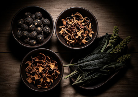 Dried medicinal ingredients, dark berries, dried mushrooms, and potent green leaves in bowls on rustic wood. atmospheric flat lay of natural remedies.の素材