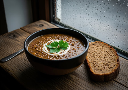 Lentil soup garnished with cream and parsley in a dark bowl, served with a slice of rye bread on a rustic wooden surface. cozy, moody setting by a window with raindrops, symbolizing comfort food on a cold day.の素材