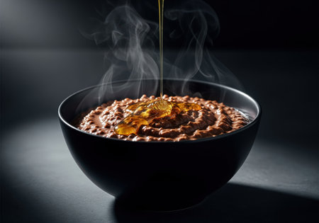 Hot chocolate porridge steaming in a black bowl, topped with a stream of golden honey. rich, decadent, and warm comfort food perfect for breakfast or dessert.の素材