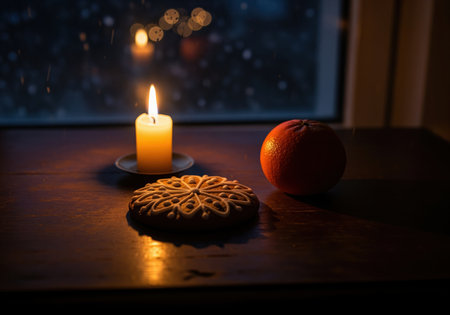 Still life of a decorative spiced cookie and a fresh orange on a dark wooden surface. a lit candle provides warm, dramatic lighting against a blurry winter night window.の素材