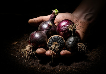 Dirty hand holding freshly harvested red onion bulbs and black garlic against dark soil. low key lighting highlights the roots and texture of the organic produce.の素材