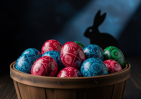 Traditional pysanky easter eggs, richly colored red, blue, and green, filling a rustic wooden basket under dramatic low key lighting. a silhouette of a rabbit is cast on the dark background, symbolizing the spring holiday.の素材