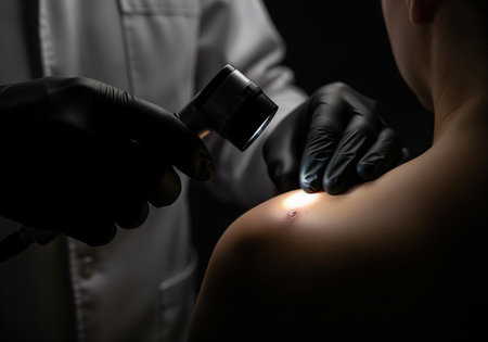 Dermatologist in black gloves inspecting a suspicious skin mole on a patient shoulder using an illuminated dermatoscope. focus on diagnosis, screening, and healthcare.の素材