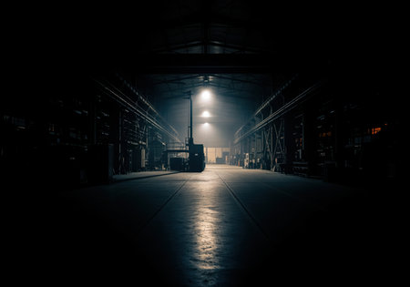 Dark industrial warehouse interior featuring a forklift illuminated by a strong overhead spotlight. focus on logistics, storage, infrastructure, and dramatic low light conditions.の素材