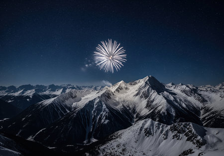 White firework bursts high above a massive, snow covered mountain range under a deep blue, star filled night sky. dramatic winter landscape celebrating an event or holiday.の素材