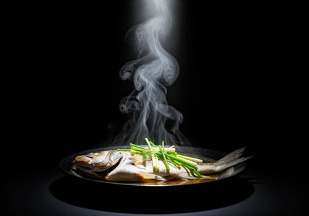 Hot steamed whole fish served on a dark plate, garnished with fresh green onion, featuring dramatic rising steam and spotlighting against a deep black background. traditional asian cuisine and healthy eating concept.の素材