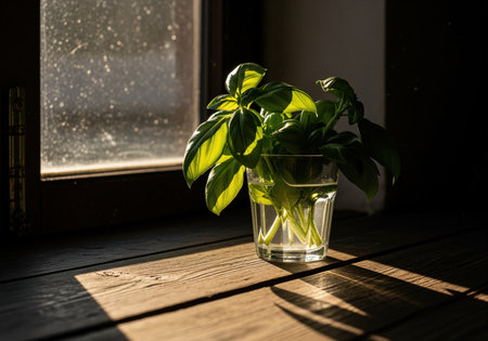 Fresh green basil stems in a clear glass of water resting on a rustic wooden windowsill. dramatic natural sunlight highlights the vibrant leaves and creates strong shadows.の素材