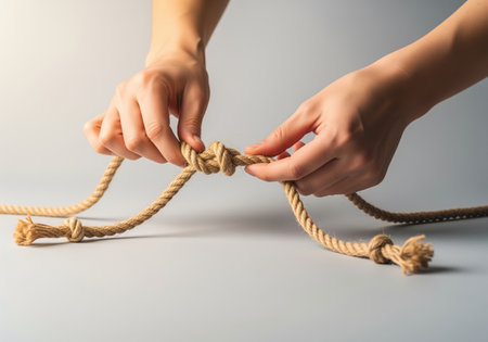 Close up of hands manipulating a brown jute rope to form a tight, secure knot. represents problem solving, complexity, strength, and union.の素材