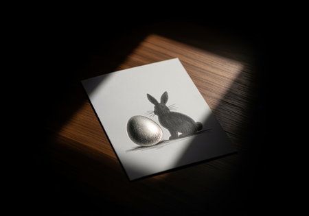 Drawing on a white card featuring a dark rabbit silhouette next to a shiny metallic easter egg. the card rests on a dark wooden table, dramatically illuminated by a strong diagonal beam of light.の素材