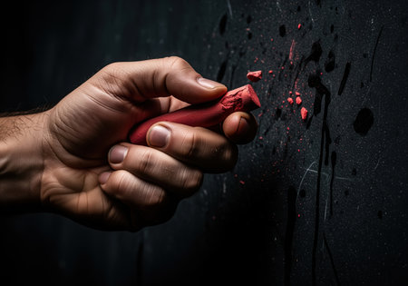 Tightly gripped male hand breaking a piece of red chalk against a dark, textured surface, scattering red dust. depicts stress, anger, frustration, or intense artistic creation.の素材