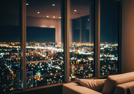 Modern apartment interior featuring a comfortable sofa and expansive windows showcasing a blurred, vibrant city skyline at night. high angle view emphasizing luxury and urban lifestyle.の素材