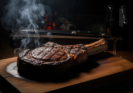 Grilled tomahawk steak, thick cut and bone in, smoking heavily on a rustic wooden cutting board. served with a glass of red wine in a dark, moody setting near a fireplace. perfect for luxury dining concepts.の素材