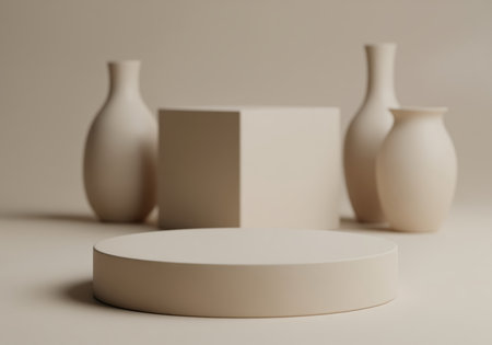 Empty round beige podium in the foreground, set against a neutral studio background featuring a geometric cube and three abstract ceramic vases. ideal for luxury product presentation or cosmetic mockup display.の素材