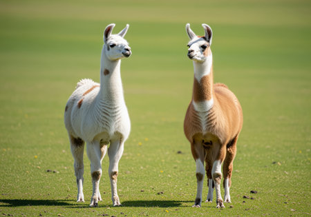 Two llamas, one white and spotted, the other brown and white, standing together in a wide, sunny, vibrant green pasture. south american camelids grazing outdoors.の素材