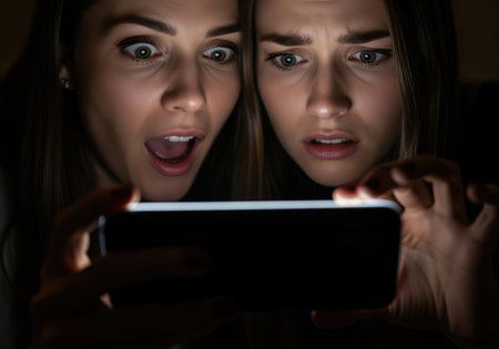 Two young women reacting intensely with wide eyes and open mouths to shocking content displayed on a glowing smartphone screen in a dark room at night. concepts, fear, technology, media.の素材