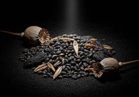 High contrast arrangement of black poppy seeds, dry grain husks, and dried poppy pods on a textured dark surface, emphasizing texture and ingredients.の素材