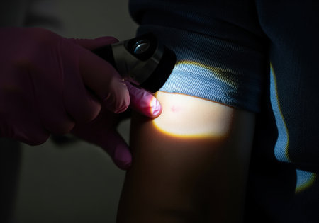 Medical professional examining a small red skin lesion on a patient body using a handheld diagnostic light and gloved finger for clinical inspection and dermatology diagnosis.の素材