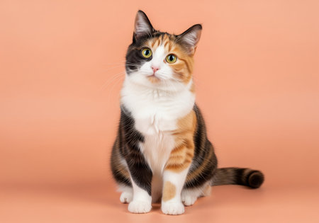 Calico domestic short hair cat sitting and looking directly at the camera. striking multicolored fur black, white, orange and bright green eyes on a plain peach studio backdrop. feline, pet, companion animal concept.の素材