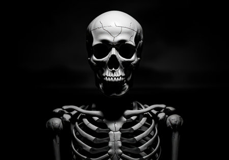 Cracked human skull and upper skeleton dramatically lit in stark black and white. high contrast chiaroscuro emphasizes the spooky, anatomical details of the rib cage and shoulders against a deep black background. symbolizes death, horror, and mortality.の素材