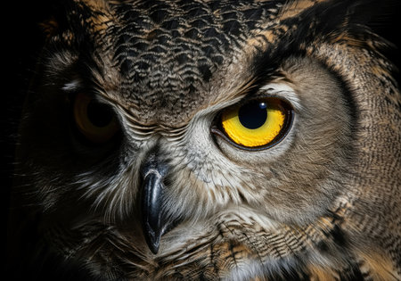 Extreme close up of a wild owl face, highlighting the intense, bright yellow eye, sharp beak, and intricate feather patterns. dramatic lighting emphasizes the fierce predatory nature and wisdom of the bird.の素材